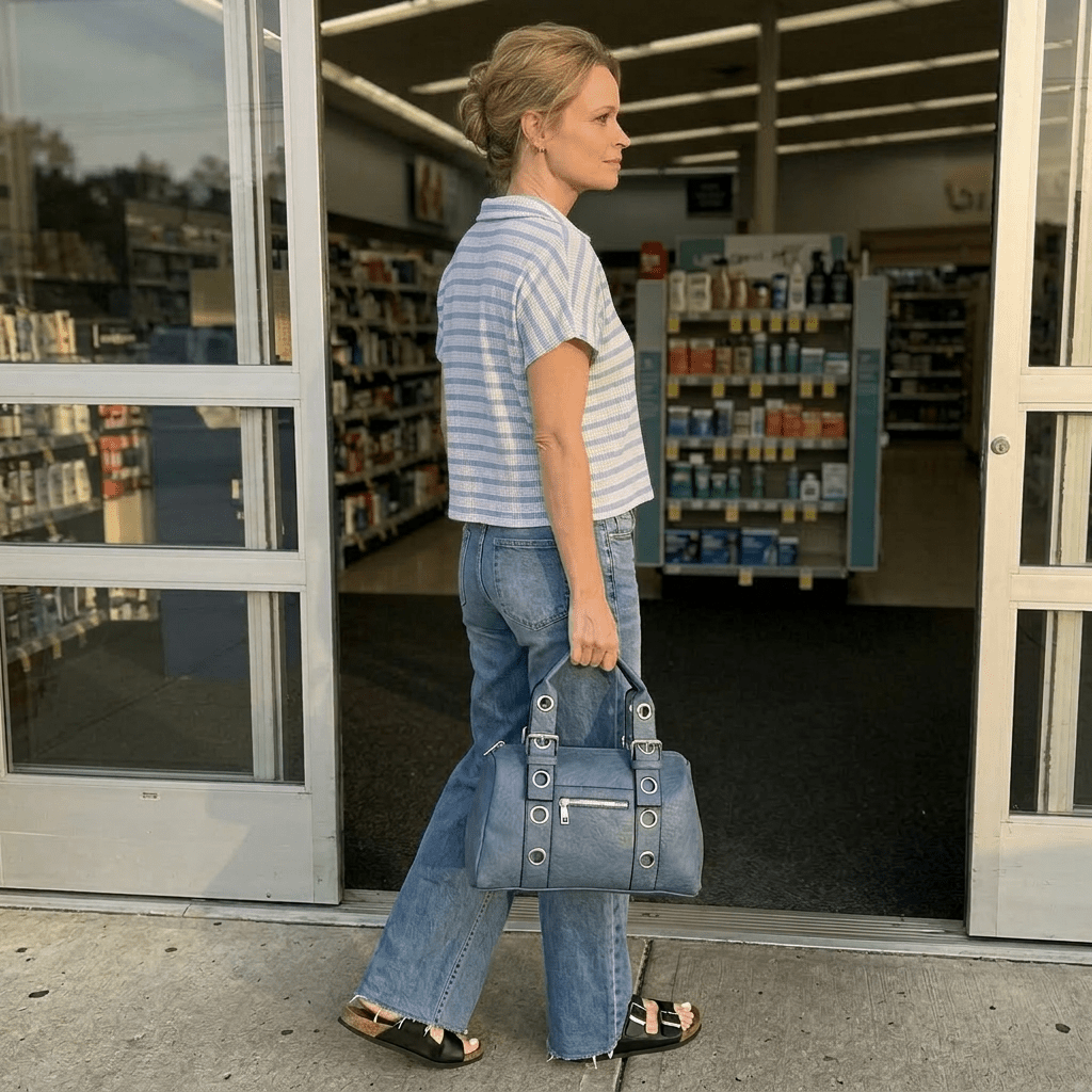 Woman carrying blue tote purse on a walkway in front of a store