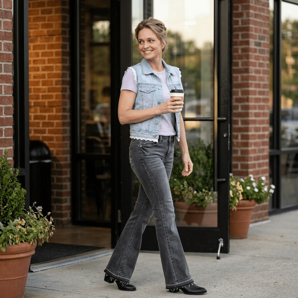 Woman walking outside a building holding a coffee cup. Wearing Black jeans and purple t-shirt with a denim vest.