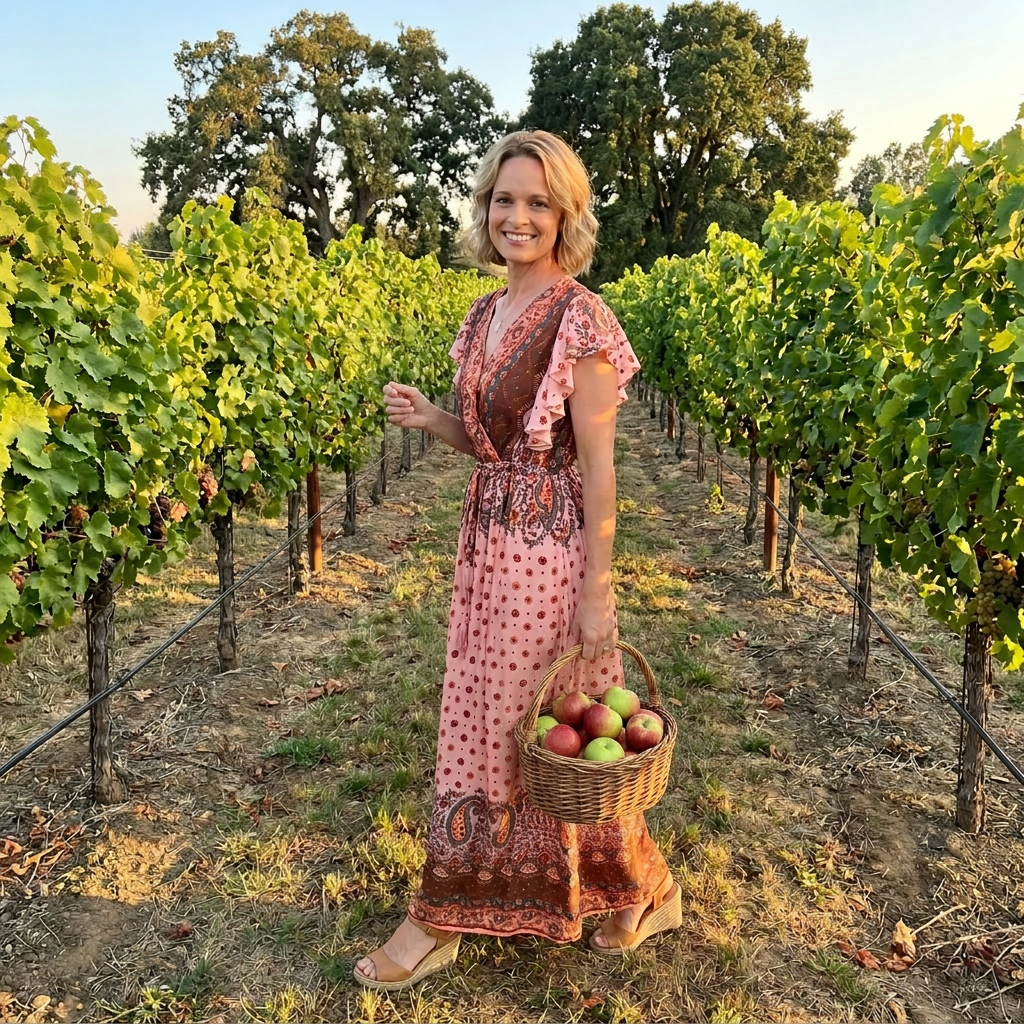Woman in a pink dress holding a basket of apples in a vineyard