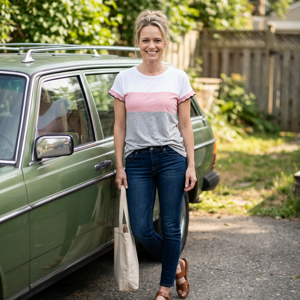Woman standing next to a green car holding a beige tote bag, wearing a colorful striped shirt and blue jeans.