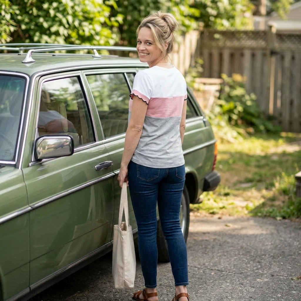 Woman standing next to a green car holding a tote bag, with trees and a wooden fence in the background.