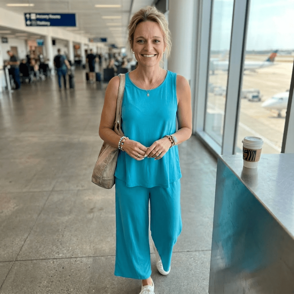 Woman in a blue outfit standing in an airport terminal.