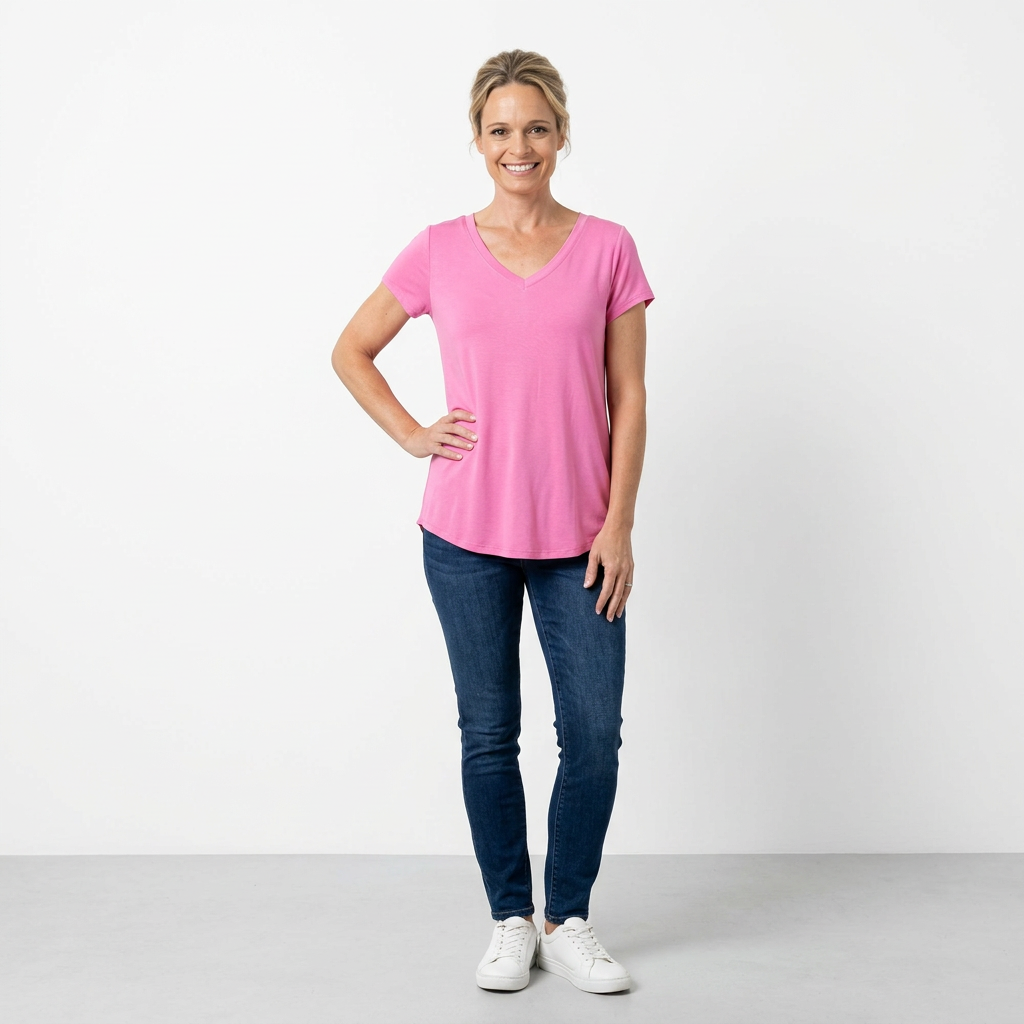 Woman wearing a pink t-shirt and blue jeans standing against a white background