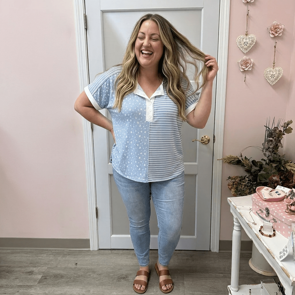 Woman in a striped shirt and jeans standing in a room with pink walls and decorative elements.