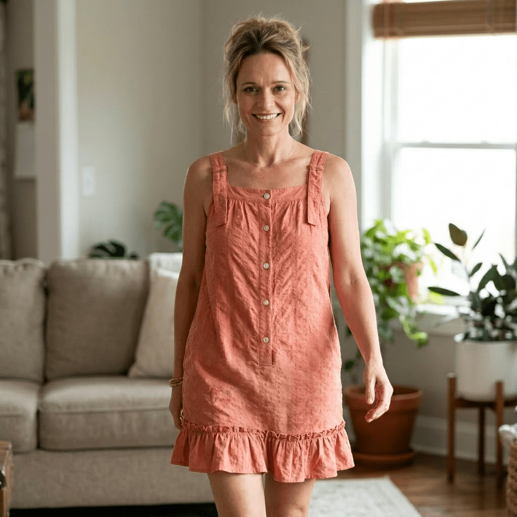 Woman wearing a orange coloredndress standing in a living room with plants and a couch.