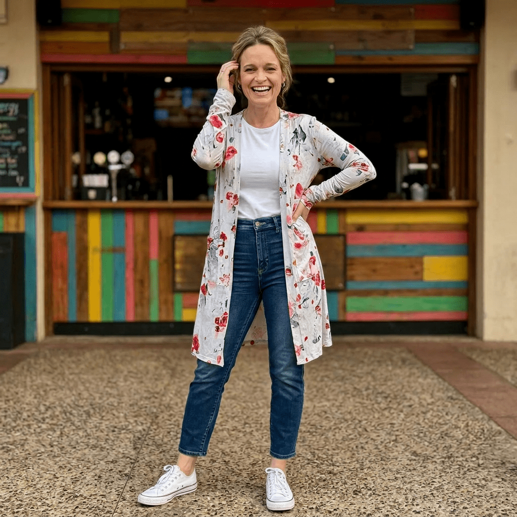 Woman wearing a floral cardigan, white shirt, and blue jeans standing in front of a colorful wooden wall.
