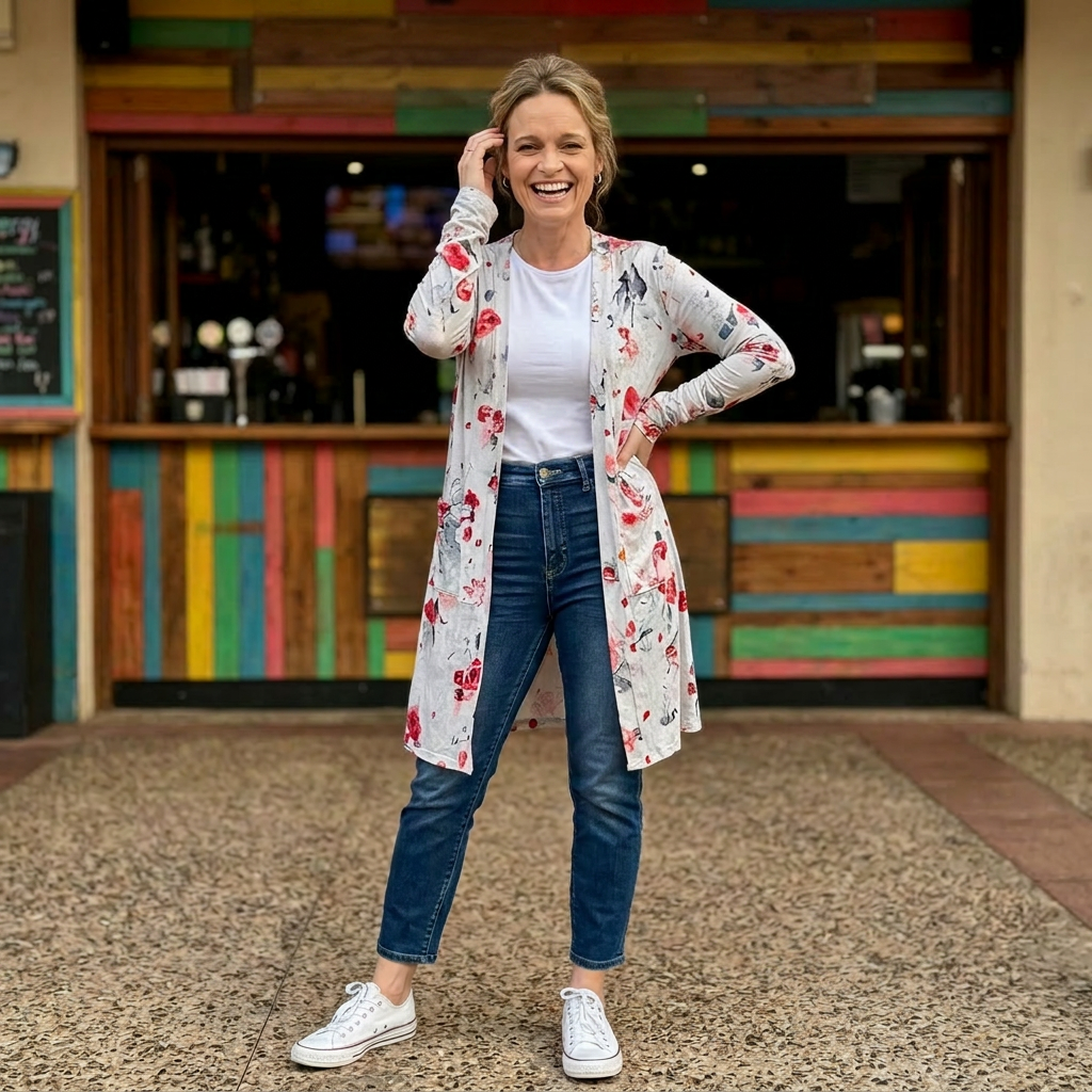 Woman wearing a floral cardigan, white shirt, and blue jeans standing in front of a colorful wooden wall.