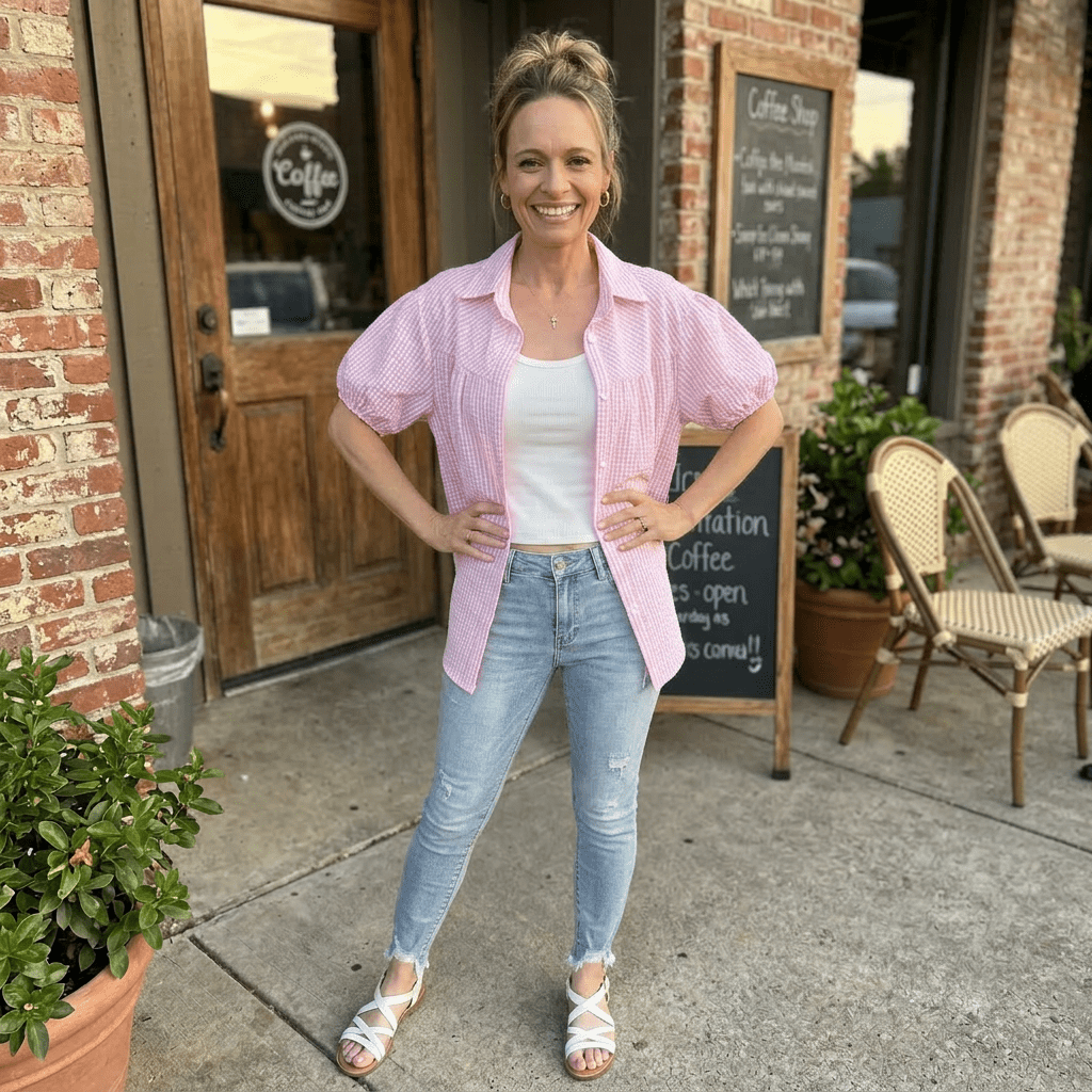Woman in pink shirt and blue jeans standing outside a coffee shop.