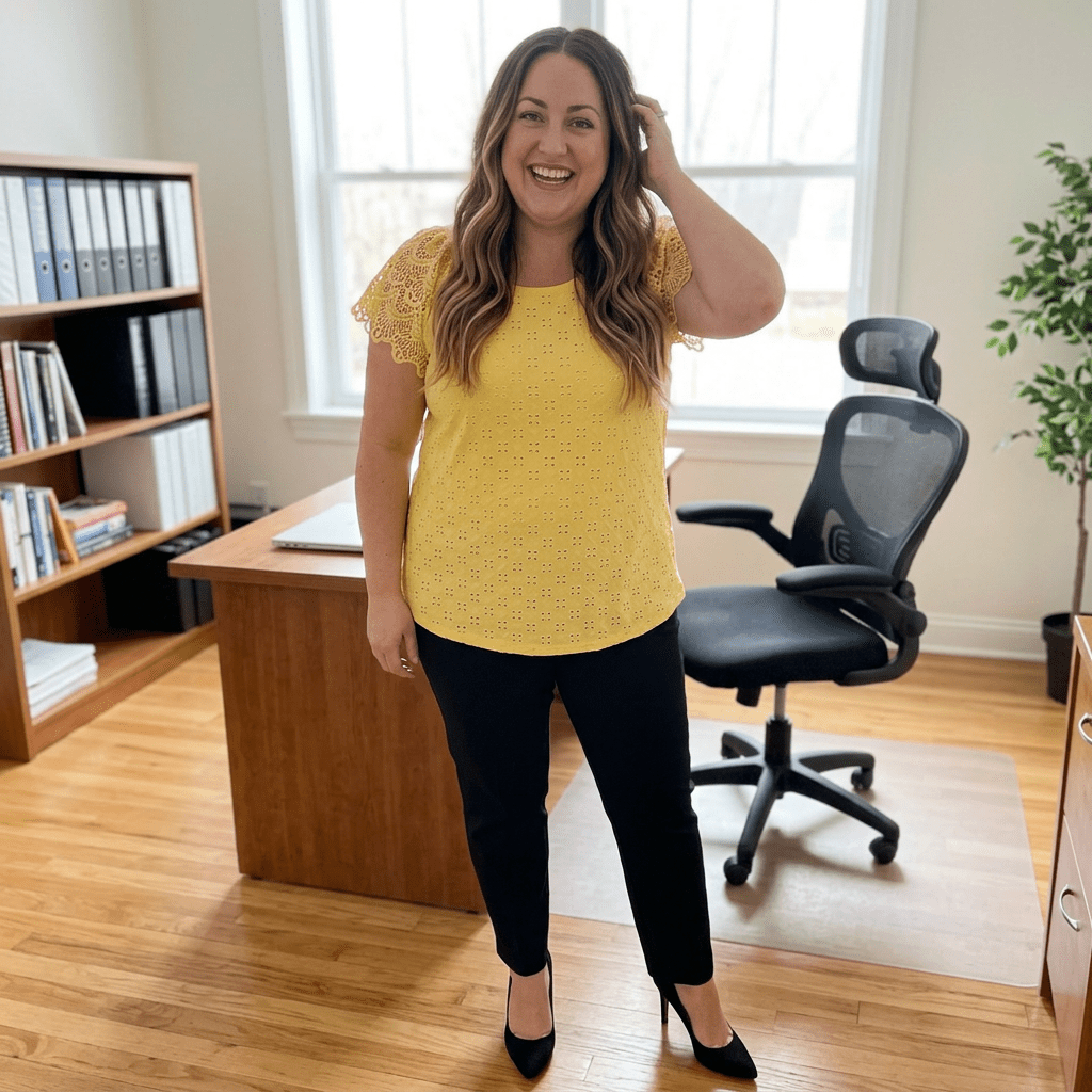 woman standing in office wearing yellow shirt and black pants with heels