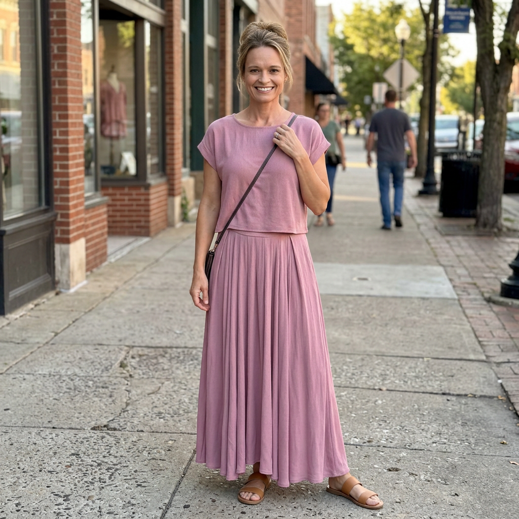 woman standing on sidewalk wearing a pink top and skirt set with purse.