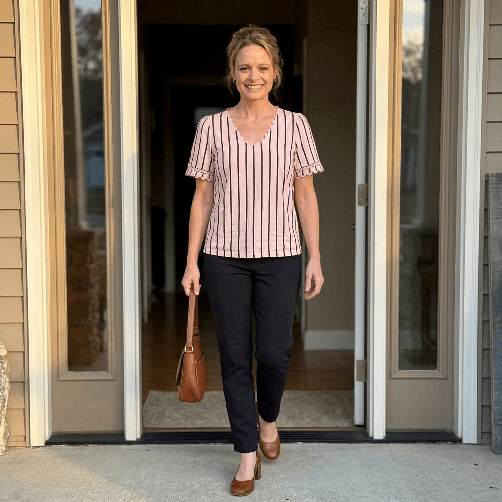 Woman in a striped shirt and black pants standing in a doorway.