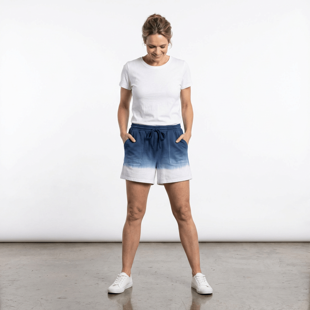 Woman wearing a white t-shirt and blue ombre shorts on a plain background