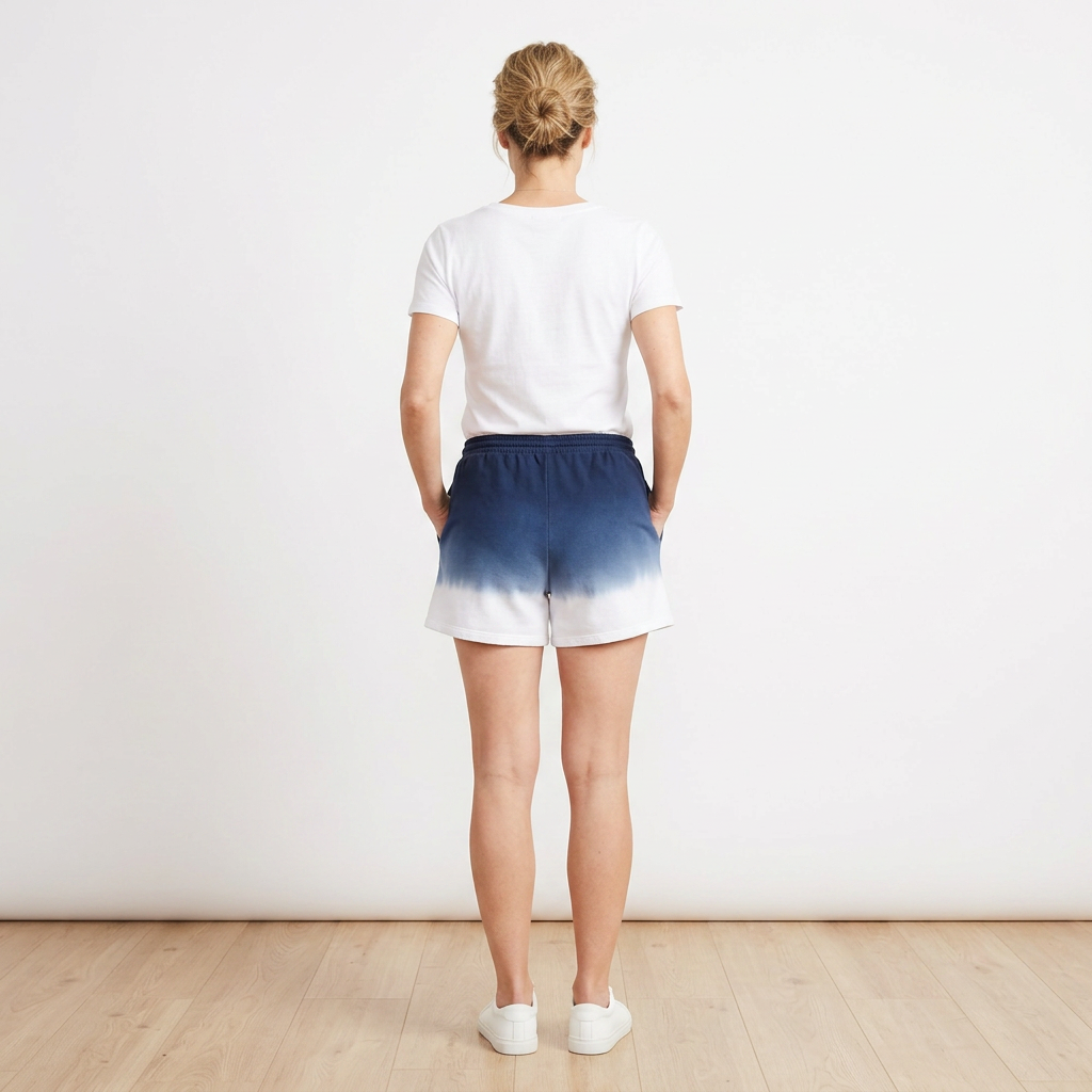 Person wearing a white t-shirt and blue ombre shorts against a plain background