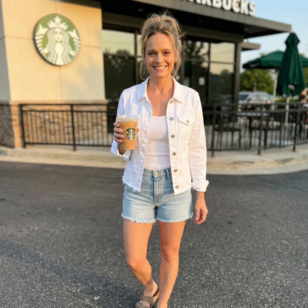 Woman holding a Starbucks drink in front of a Starbucks store wearing a white denim jacket and white shirt with light denim shorts.
