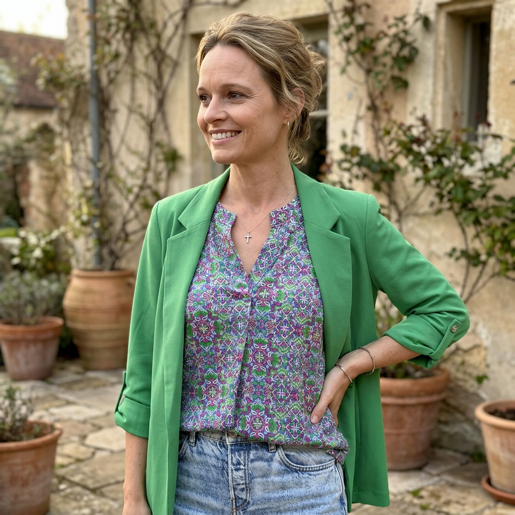 Woman in a green jacket and floral shirt standing in an outdoor setting with stone walls and potted plants.