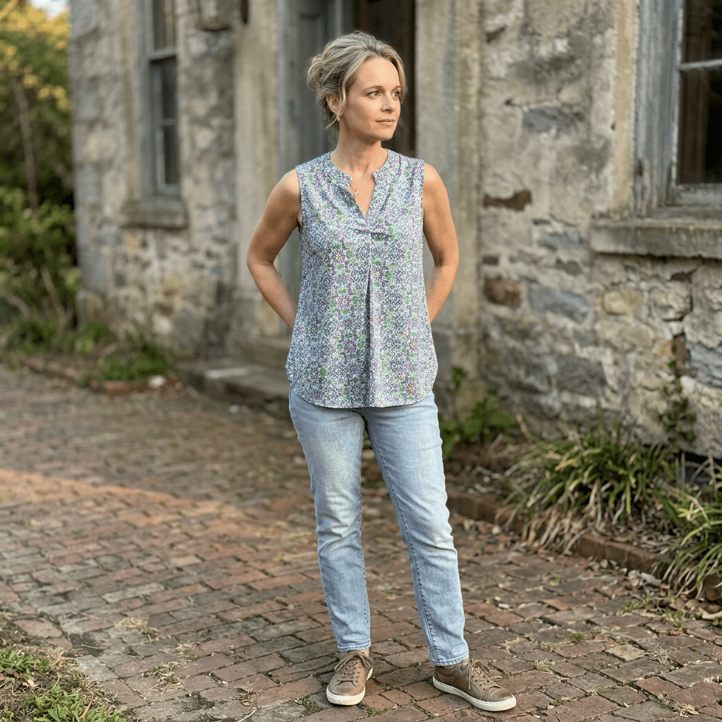 Woman standing in front of a stone building wearing a sleeveless floral top and light blue jeans.