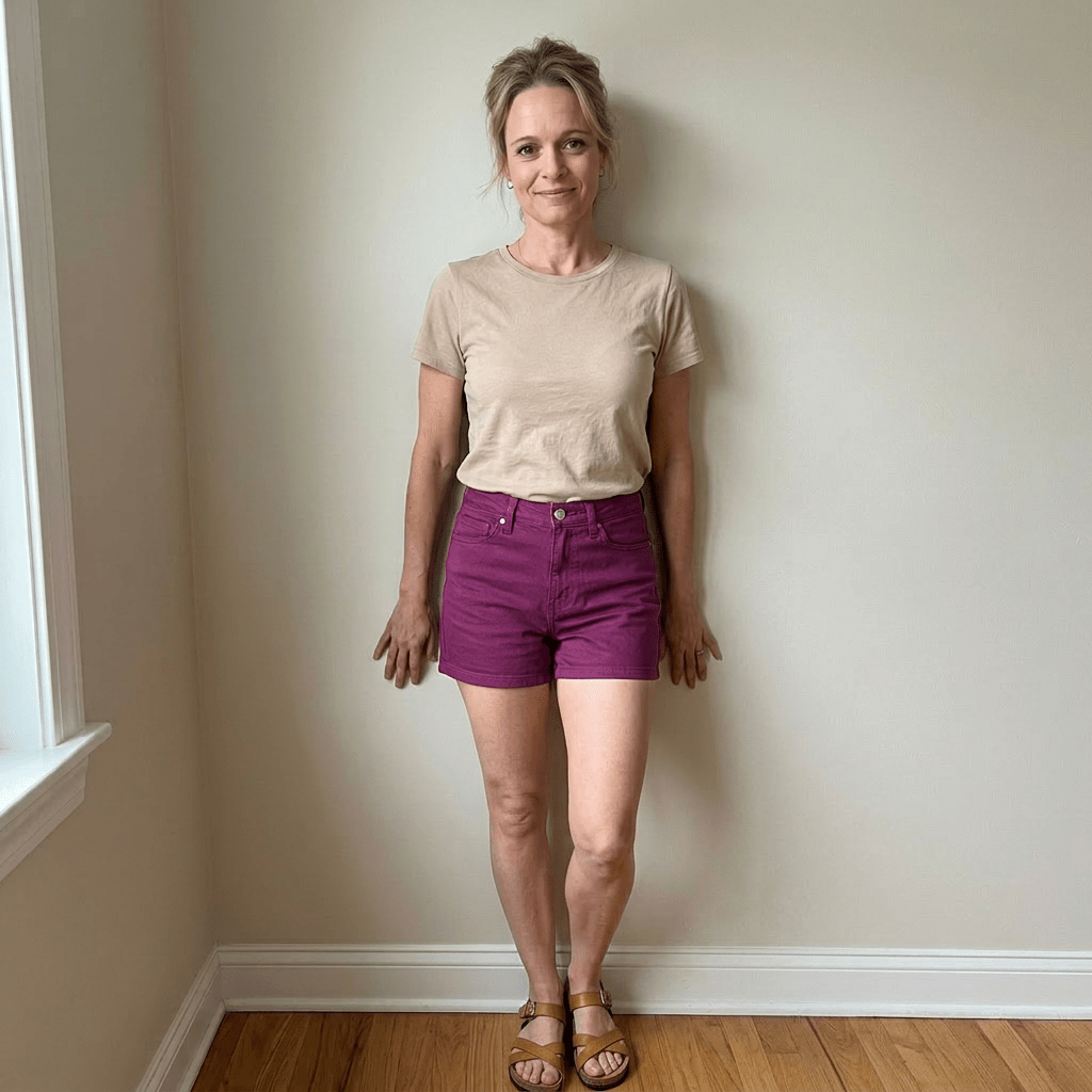 Woman against wall with beige t-shirt and purple shorts.