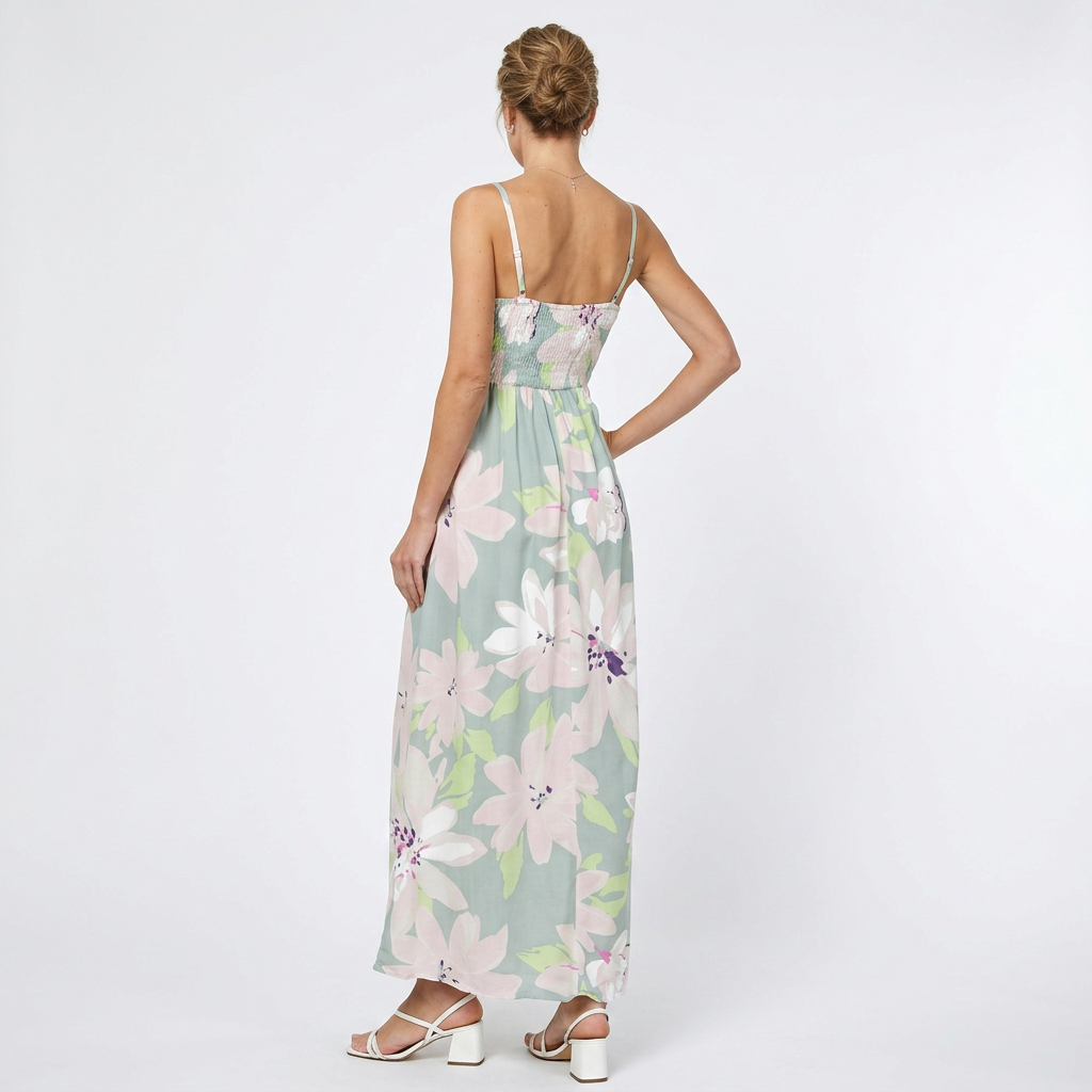 white background with woman showing the back of a floral dress