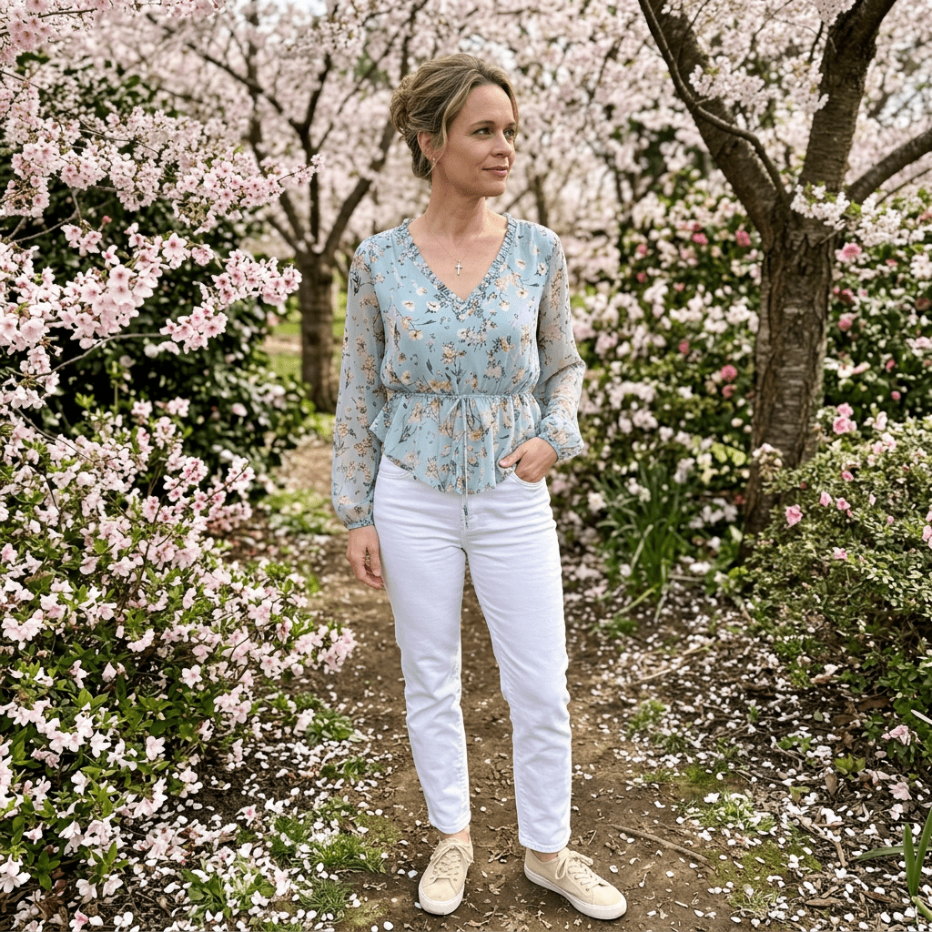Woman standing in a garden with cherry blossom trees in the background