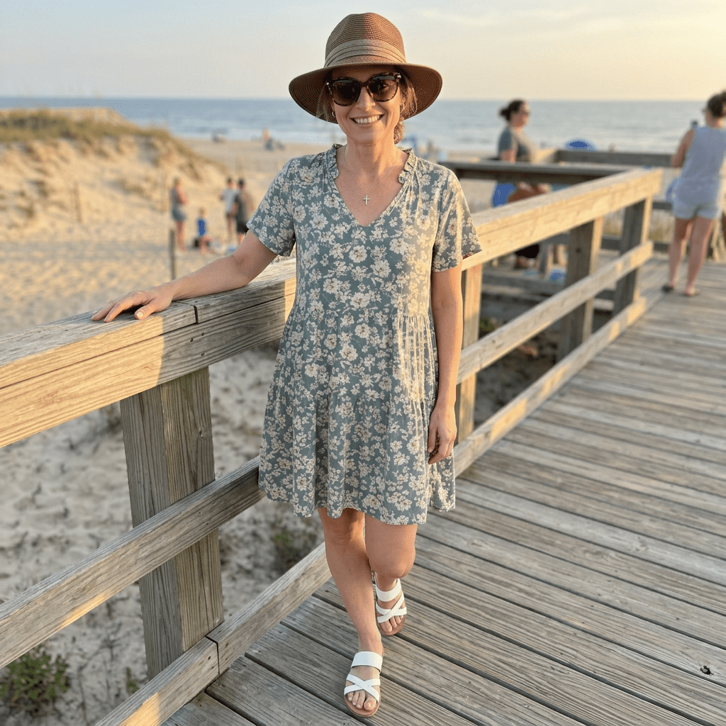 Woman in a floral dress and hat standing on a wooden boardwalk at the beach.