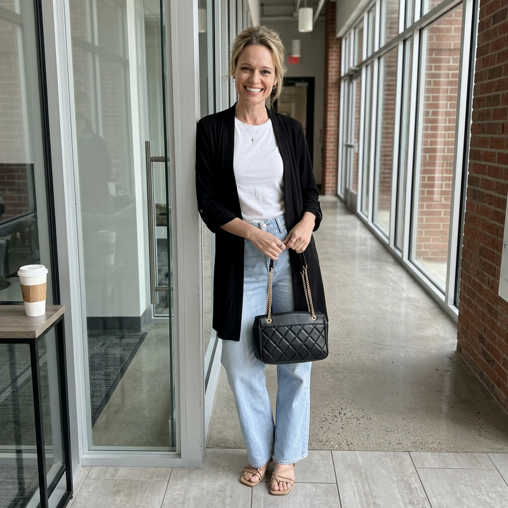 Woman standing in a modern hallway wearing a black cardigan, white shirt, blue jeans, and carrying a black handbag.
