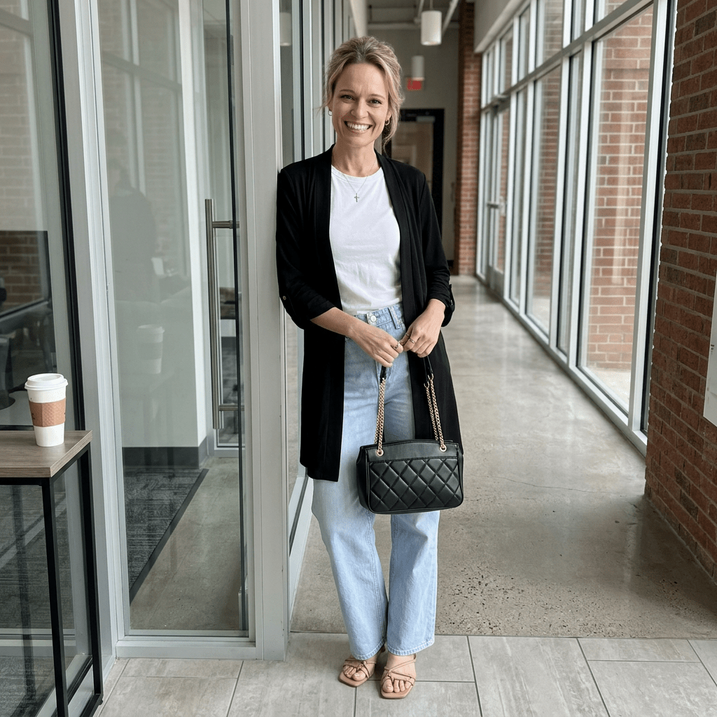 Woman standing in a modern hallway wearing a black cardigan, white shirt, blue jeans, and carrying a black handbag.