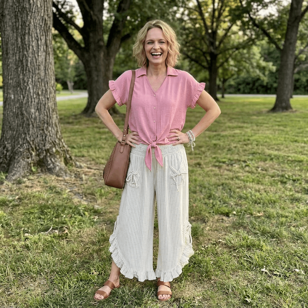 Woman in a pink shirt and white pants standing in a park