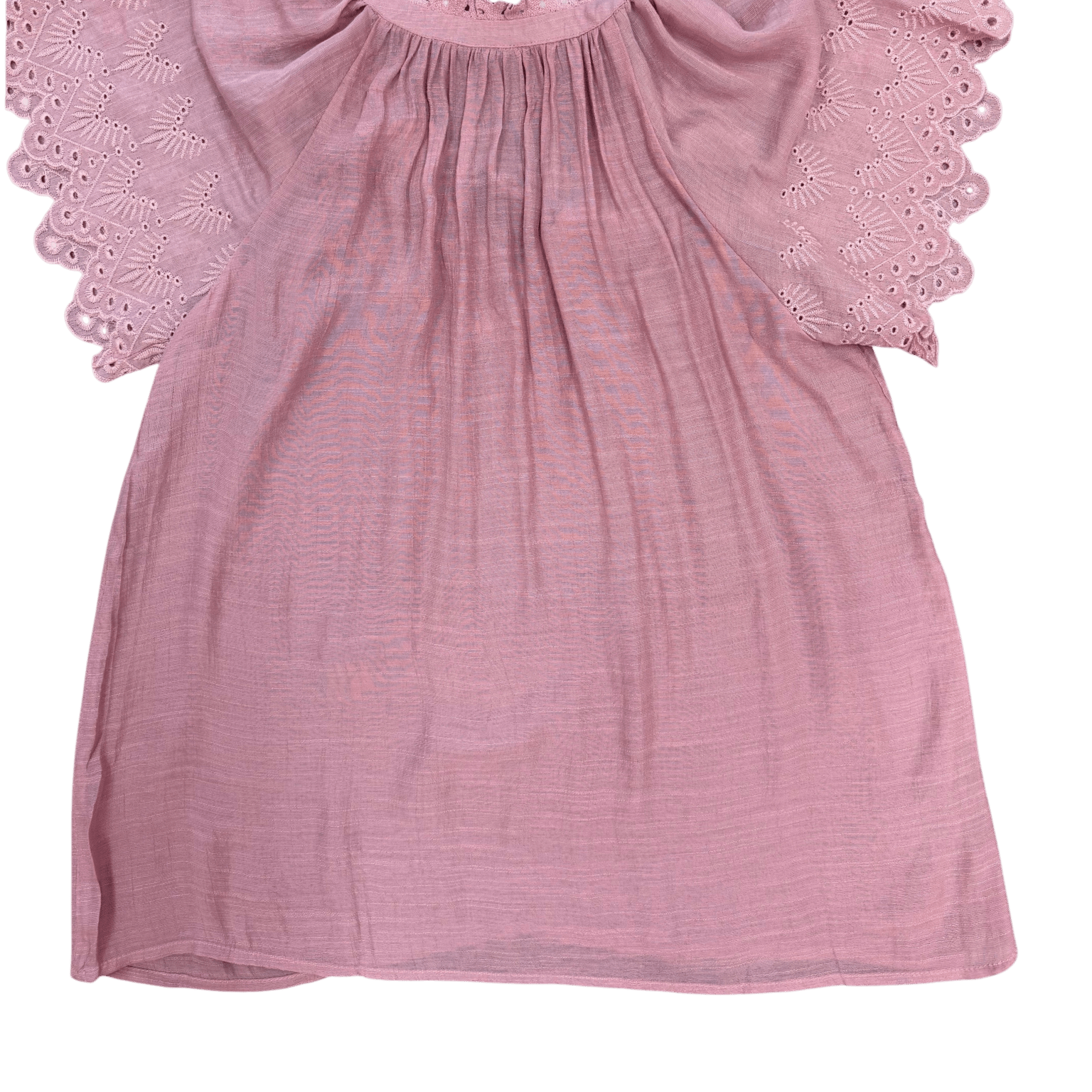Pink blouse with eyelet sleeves on a white background