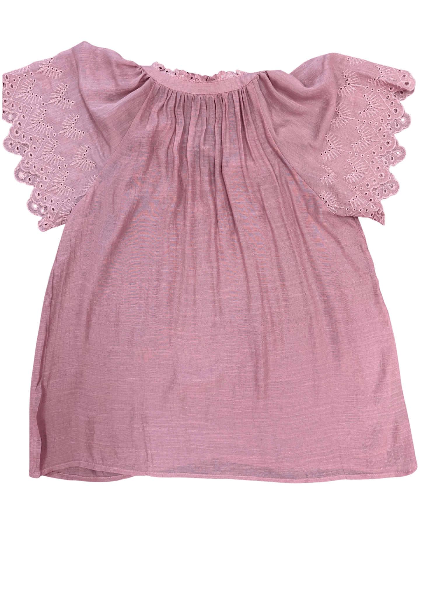 Pink blouse with eyelet sleeves on a white background