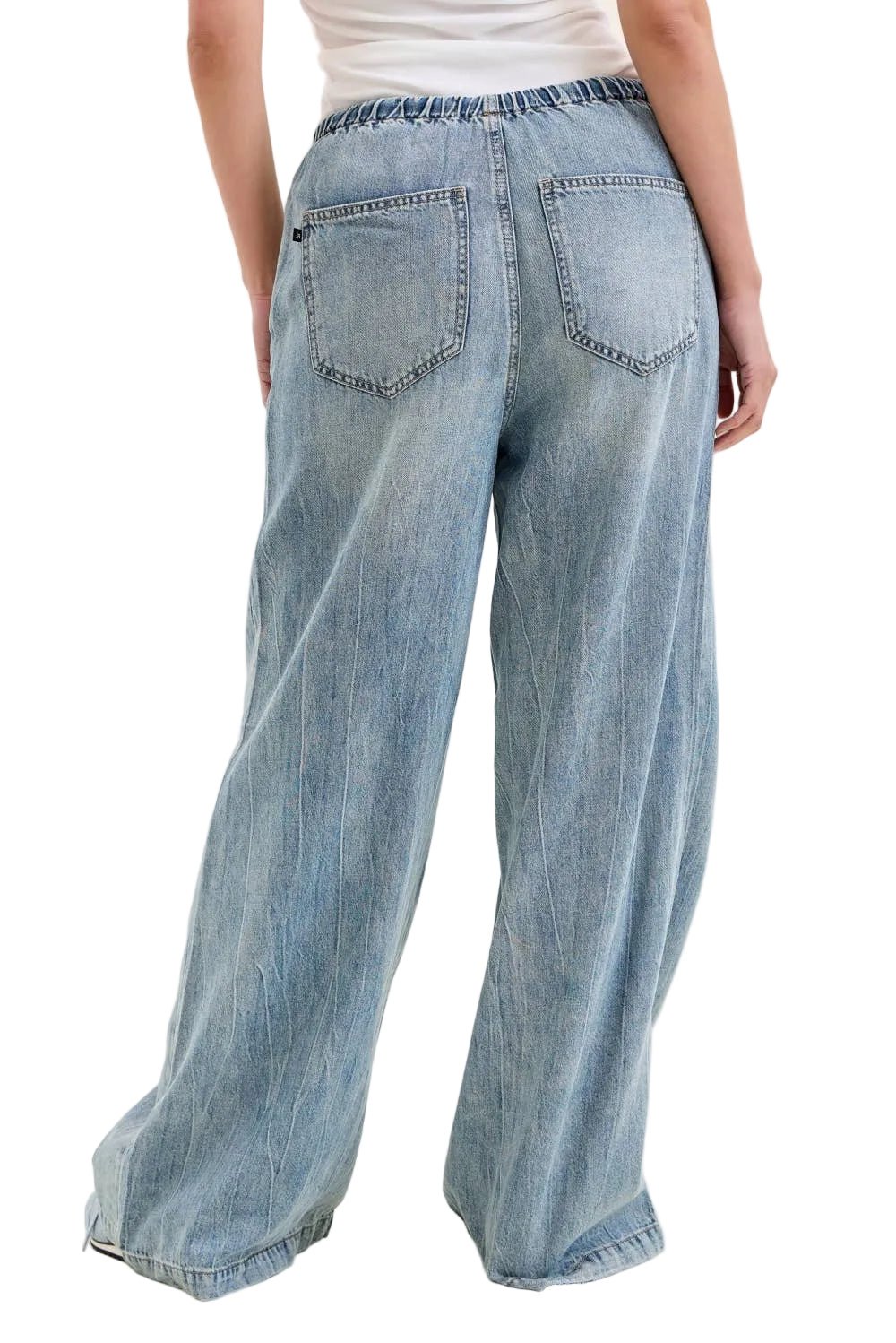 Back view of Judy Blue High Waist Palazzo Featherweight Drawcord Jeans on white background