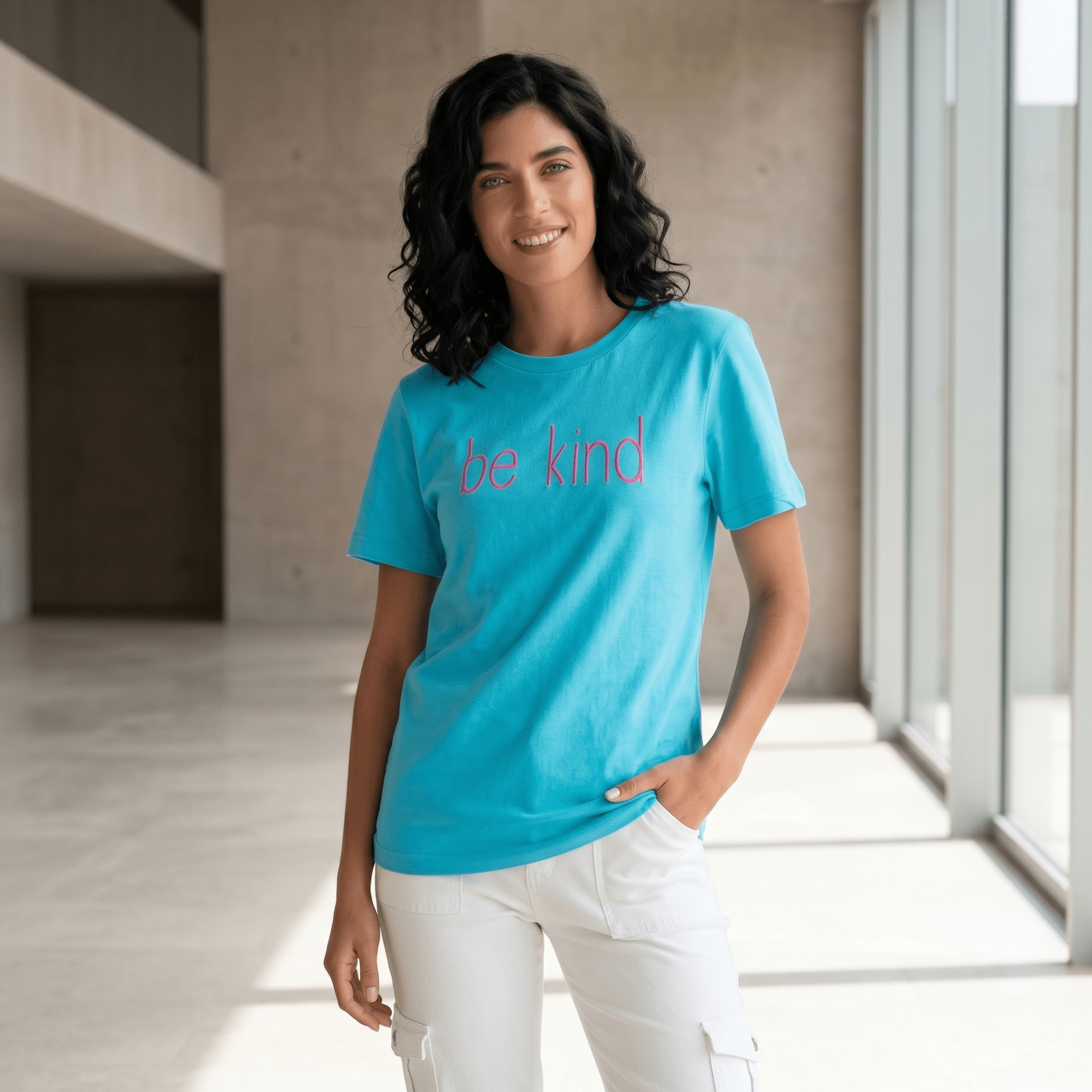 Woman wearing a blue t-shirt with 'be kind' text in a modern indoor setting