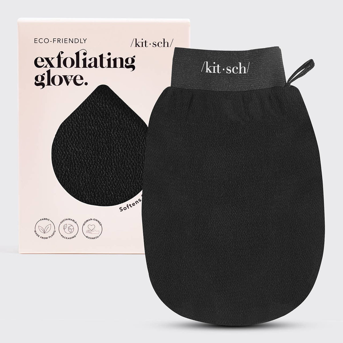 Black KITSCH exfoliating body scrub glove shown with its packaging