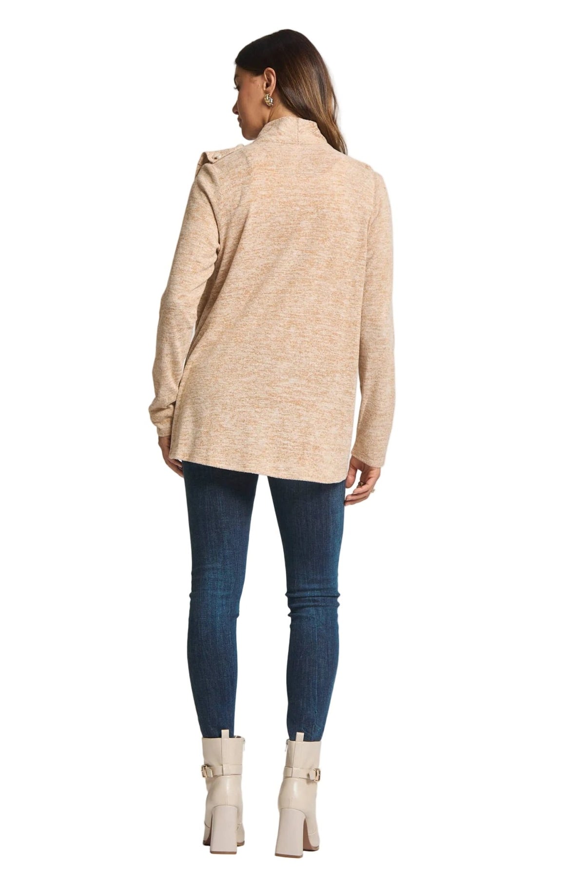 Back view of the soft hacci knit 2-in-1 cardigan sweater