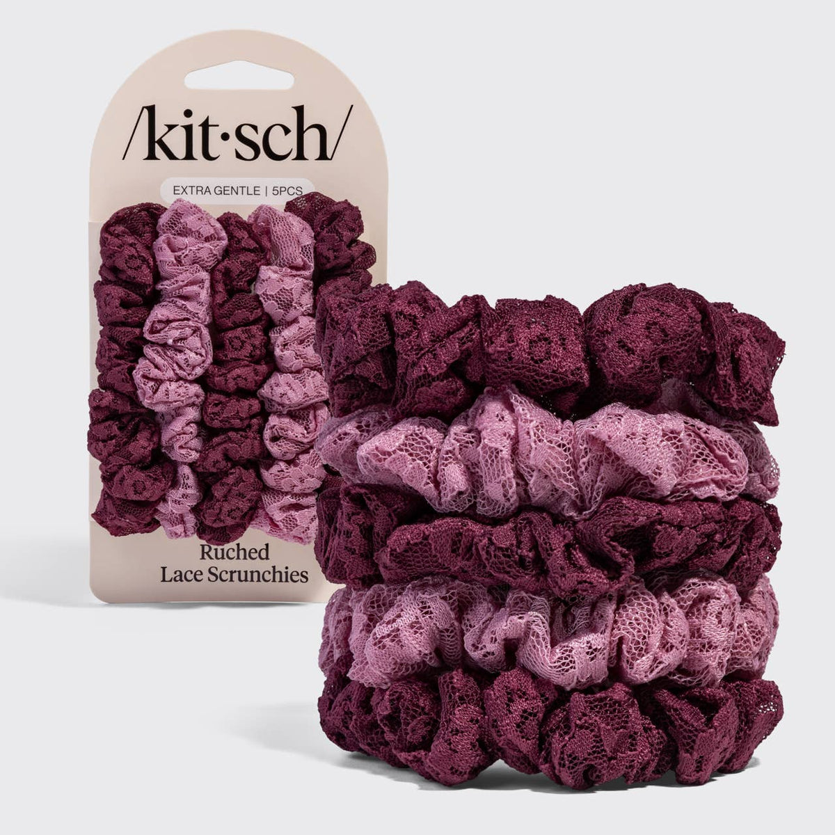 KITSCH ruched lace scrunchies 5 pack in Cherry Lacquer burgundy and Dusty Pink with packaging