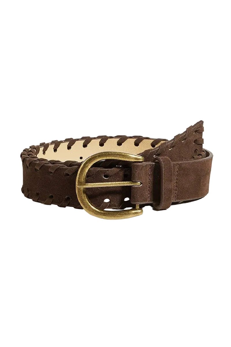 Brown belt with a gold buckle on a white
background