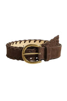 Brown belt with a gold buckle on a white
background
