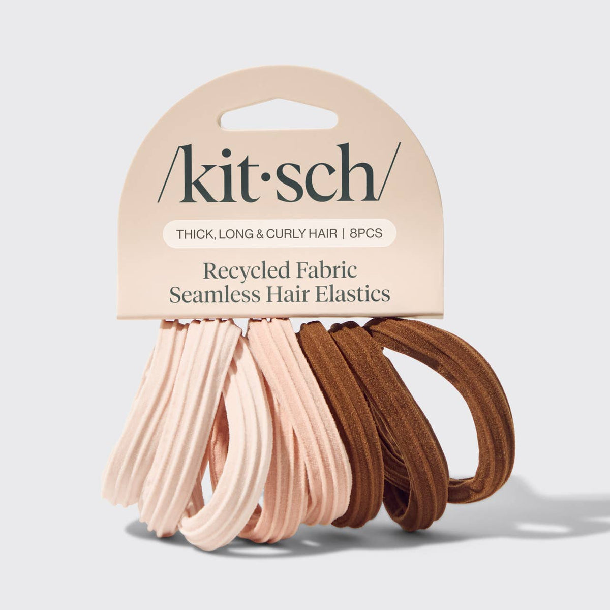 KITSCH Recycled Fabric Seamless Hair Elastics 8 pack on card for thick, long and curly hair