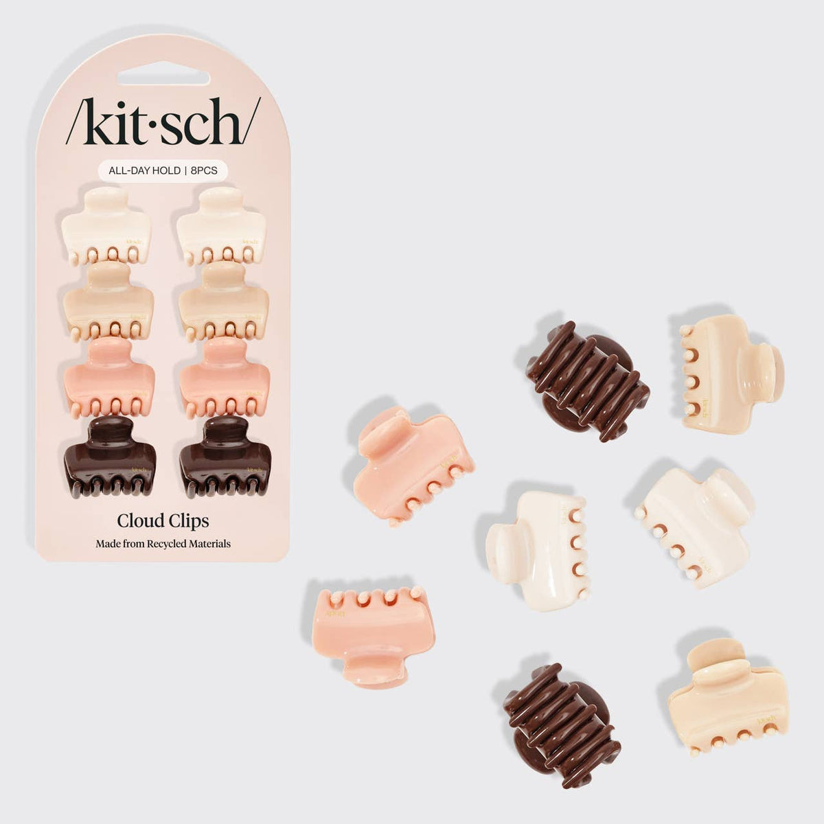 Kitsch Mini Cloud Claw Clips 8pc Set in Rosewood with packaging, in champagne, blush, terracotta and brown