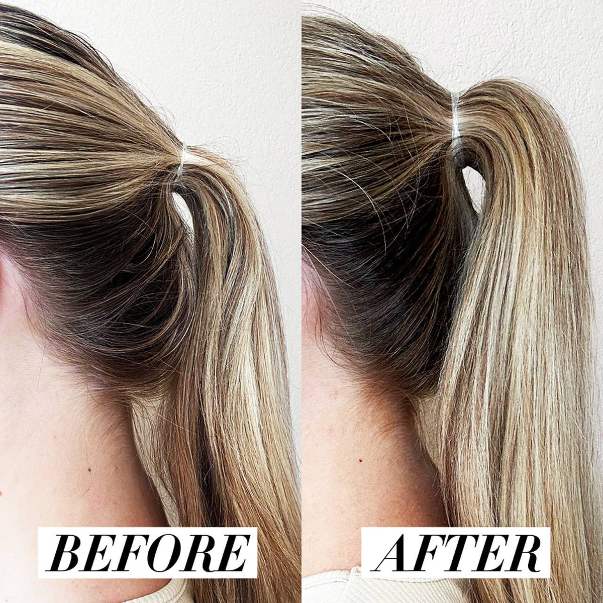 Before and after of a blonde ponytail showing added volume and lift with the KITSCH PONYFULL
