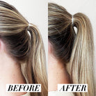 Before and after of a blonde ponytail showing added volume and lift with the KITSCH PONYFULL