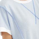 Light blue top with white trim worn by a person