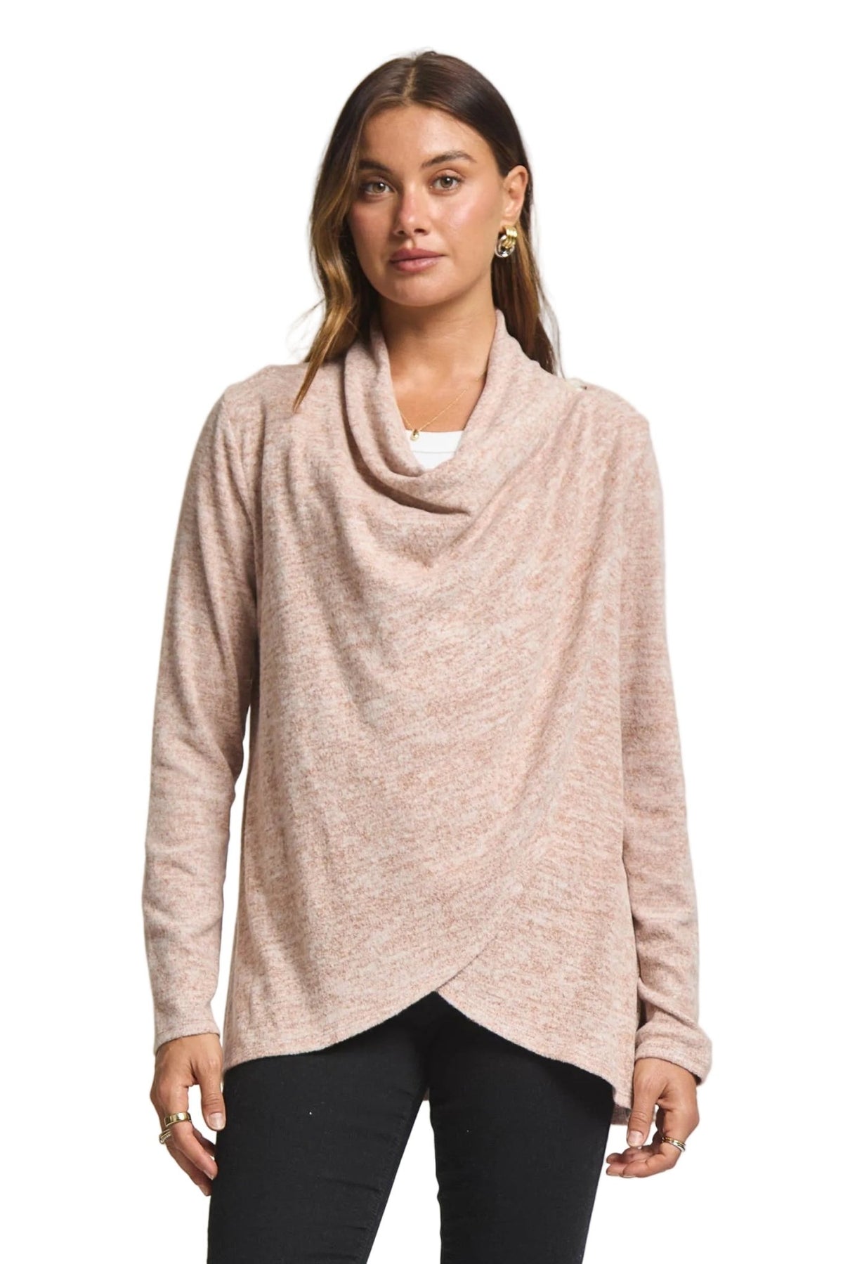 Women's cowl neck wrap cardigan sweater with crossover hem styled with black jeans