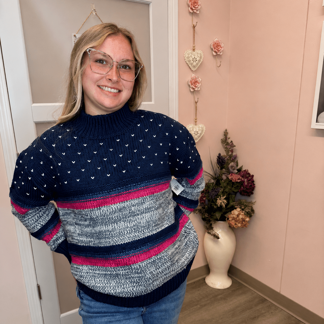 Navy chunky variegated stripe mock neck sweater styled with jeans