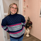 Navy chunky variegated stripe mock neck sweater styled with jeans