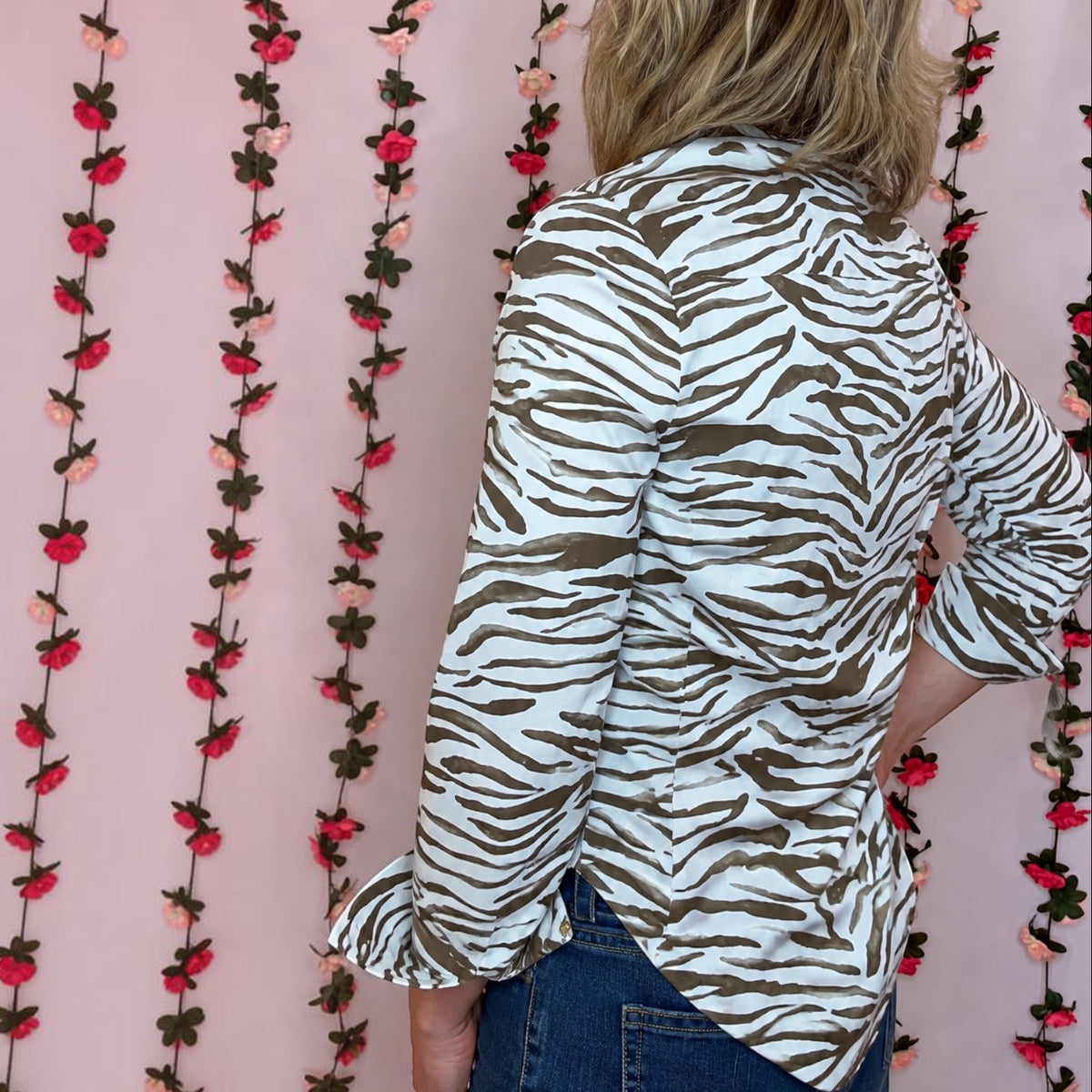 Zebra poplin button down top – alternate view