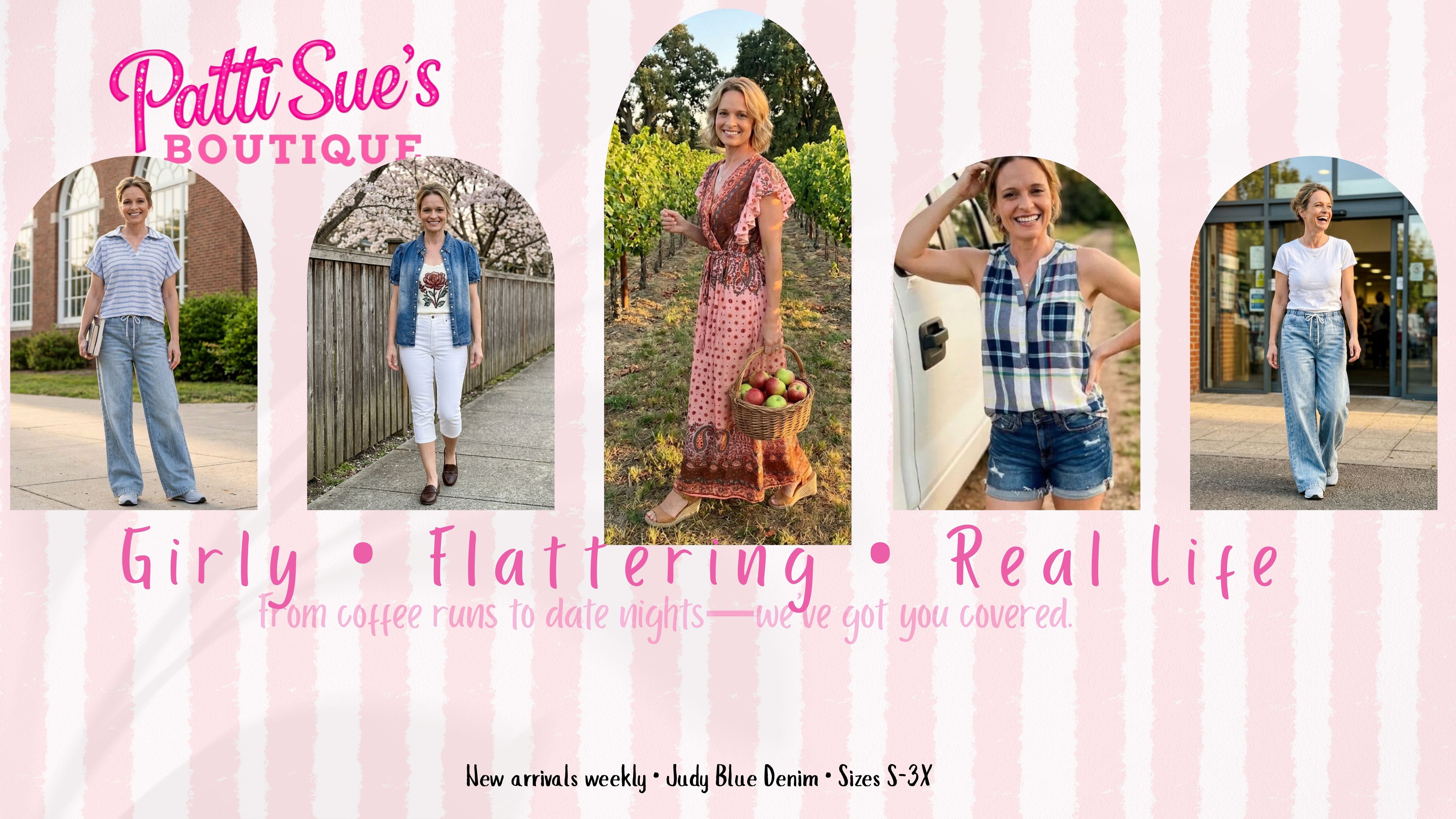 Promotional banner for Patti Sue's Boutique featuring women in various outfits with text about girly, flattering, real life fashion.