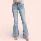 Judy Blue mid rise flare jeans slim thigh soft flare silhouette front view
