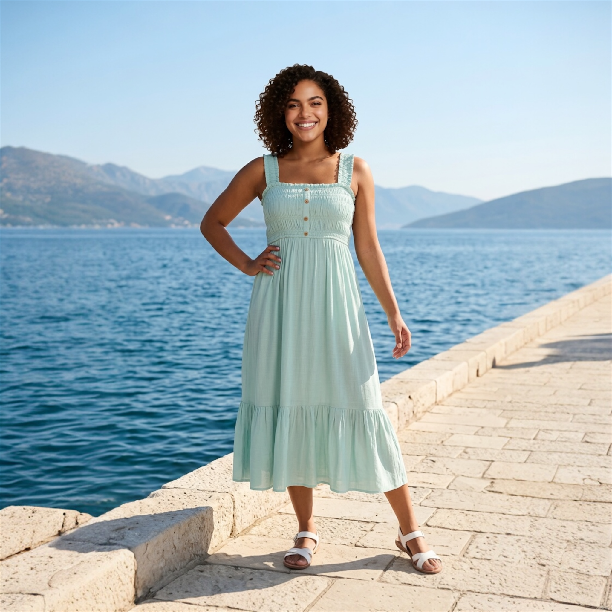 Woman in a light blue dress standing by a waterfront with mountains in the background