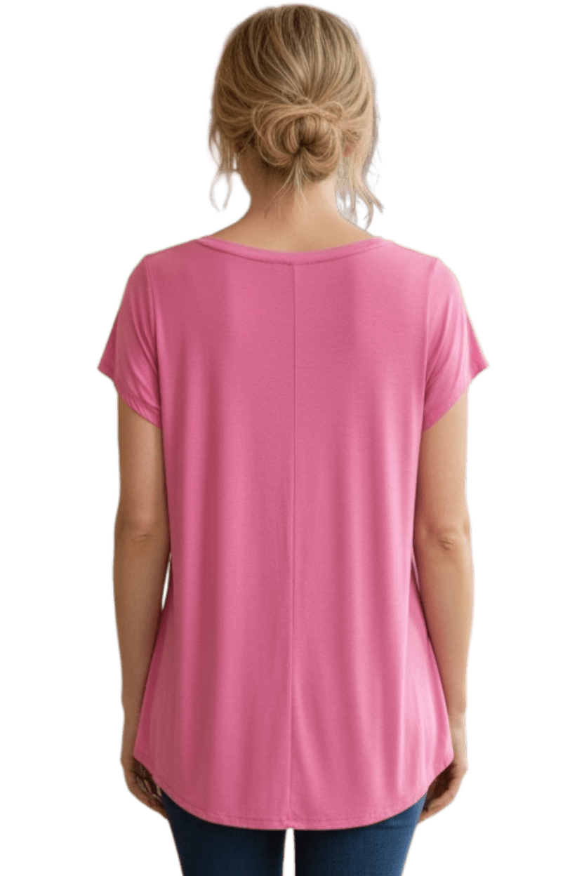 Pink t-shirt worn by a person on a white background