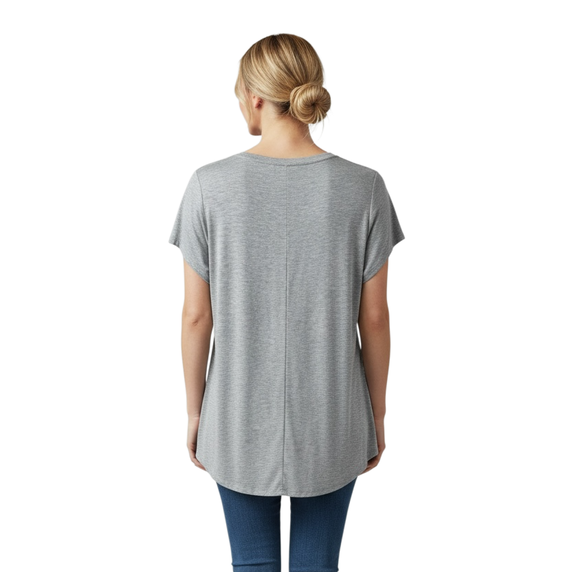 Person wearing a gray t-shirt and blue jeans on a white background